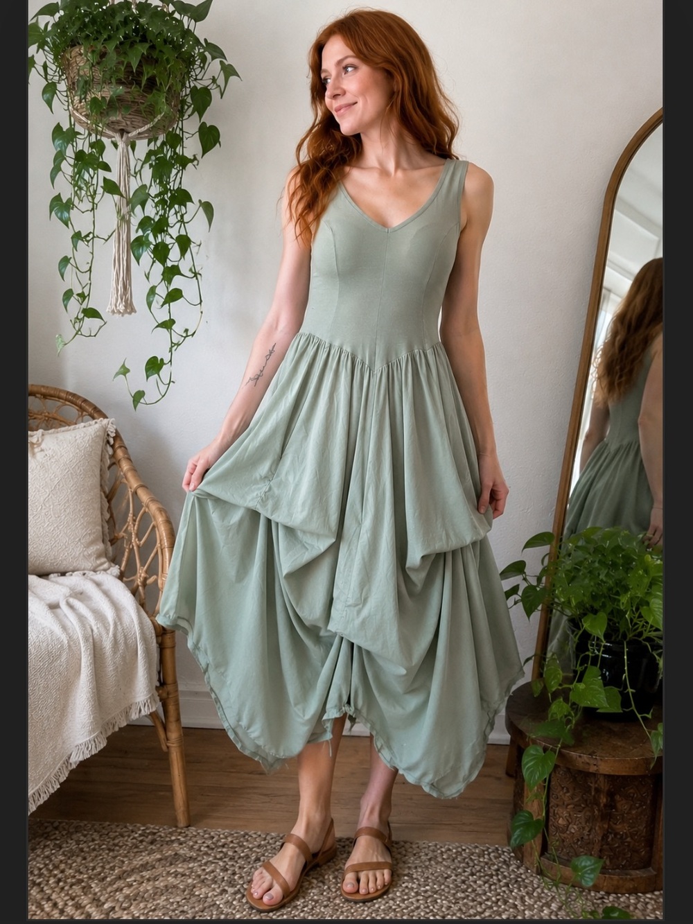 Luna Luz Sage Green Bubble Hem Dress Size Large Boho Fairycore Tie-Up Skirt